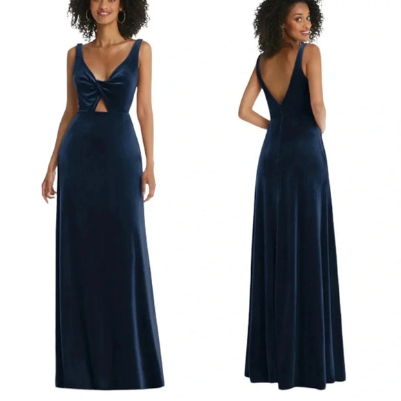 Dessy Lovely Velvet Twist Front Cutout Maxi Dress Midnight Blue Size 2 NWT - Picture 1 of 9